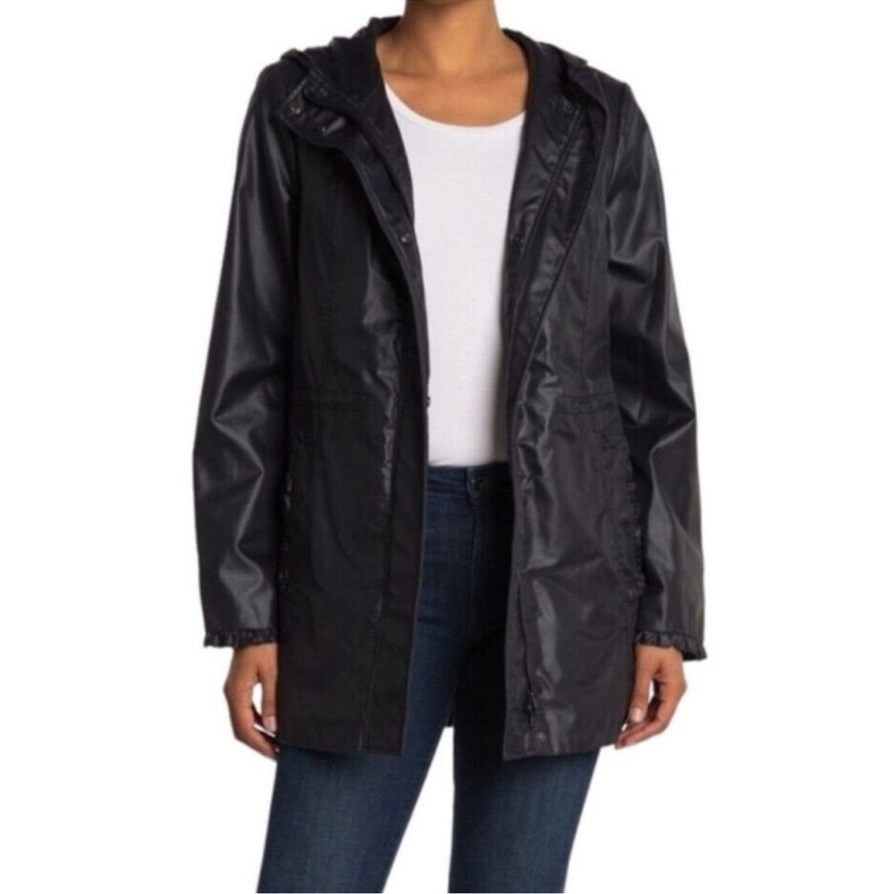 Gal Meets Glam Hooded Rain Coat‎ Size XS Black Zip-up Ruffle Detail Mid Length